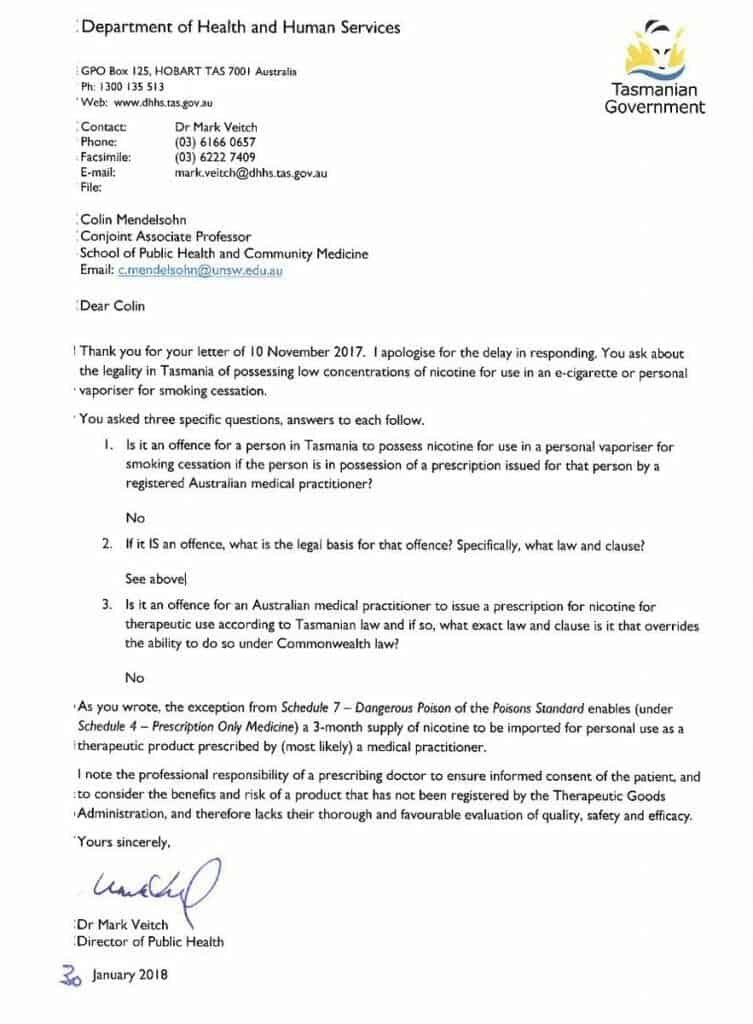 Tasmanian Government admission nicotine e-liquid is permitted with prescription